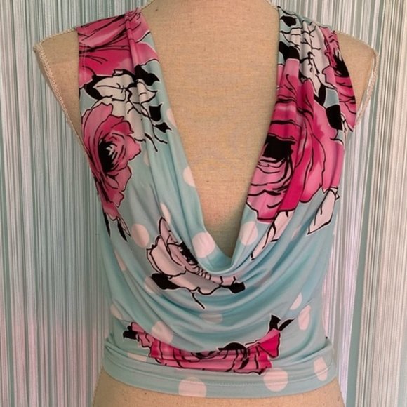 Floral Dotted Print Slinky Cowl Neck Sleeveless Top - Picture 1 of 14